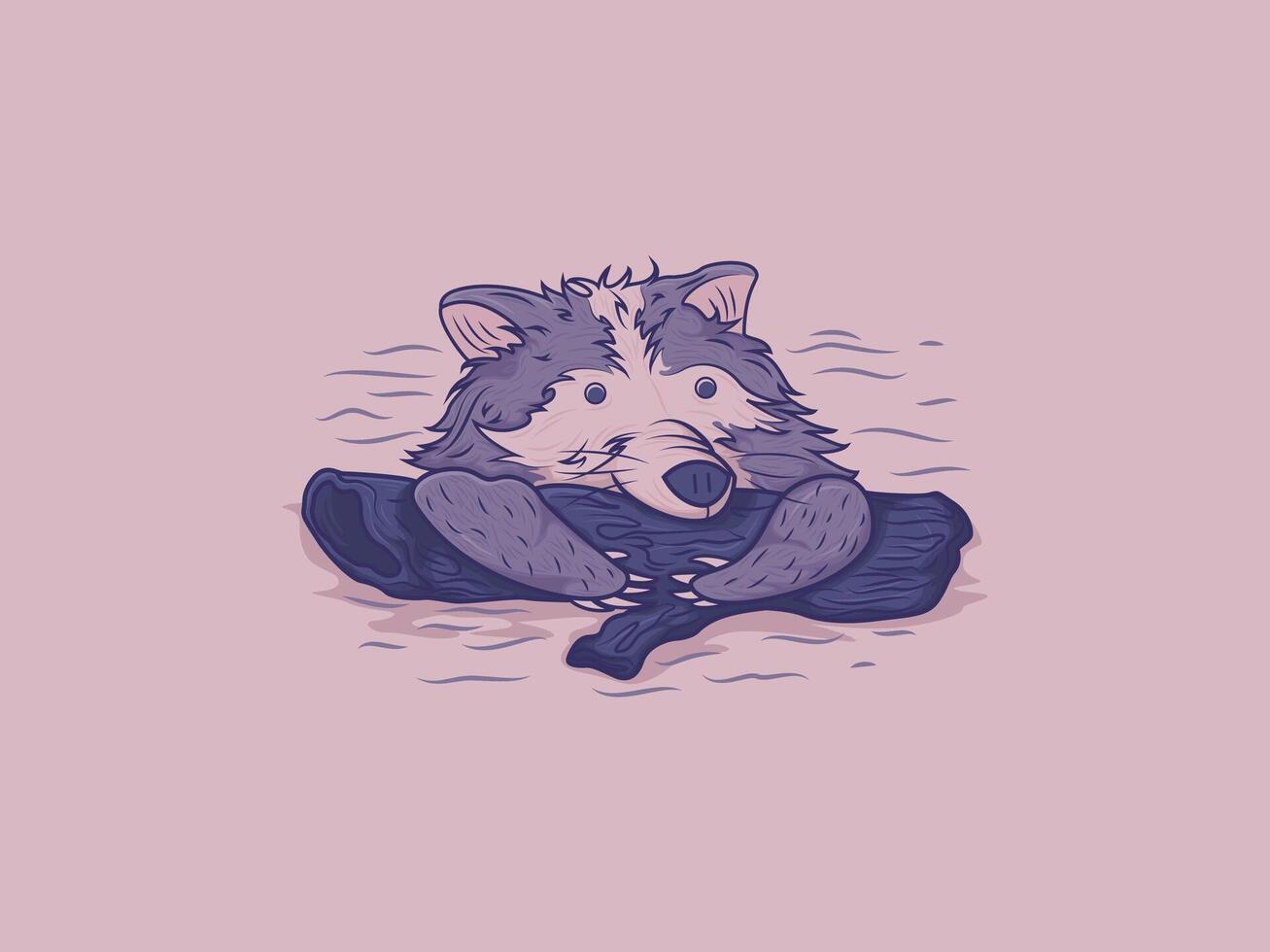 Illustration of a raccoon character hugging a tree trunk on the water vector