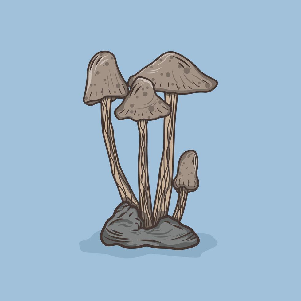 Illustration of a mushroom growing on a rock on a blue background vector