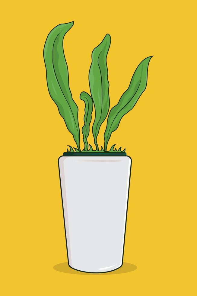 illustration of a three-leaf fern in a long white pot on a yellow background vector