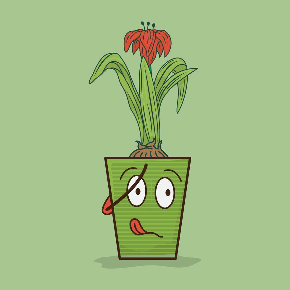 Green tin pot character illustration with amaryllis flower vector