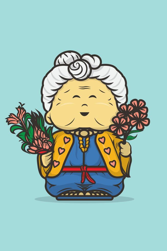 Illustration of happy old grandmother with many flowers in both hands vector
