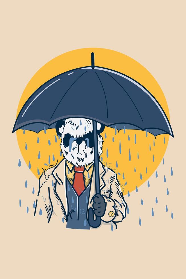 Illustration of a sad panda with an umbrella in his arm depicting the heavy rain in his heart vector