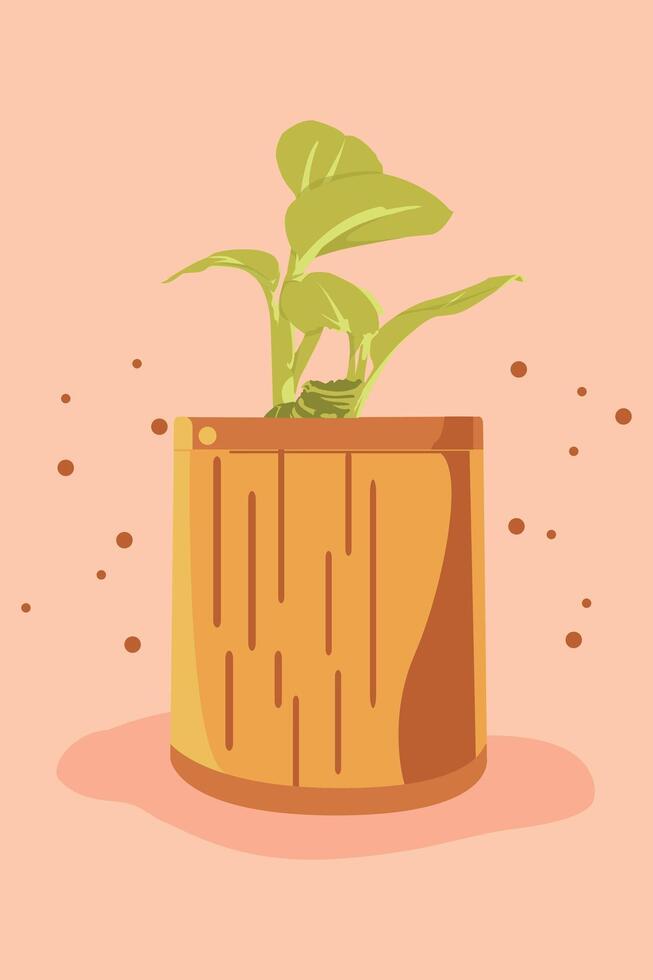 Illustration of a plant starting to grow leaf buds with an orange pot on a pink background vector