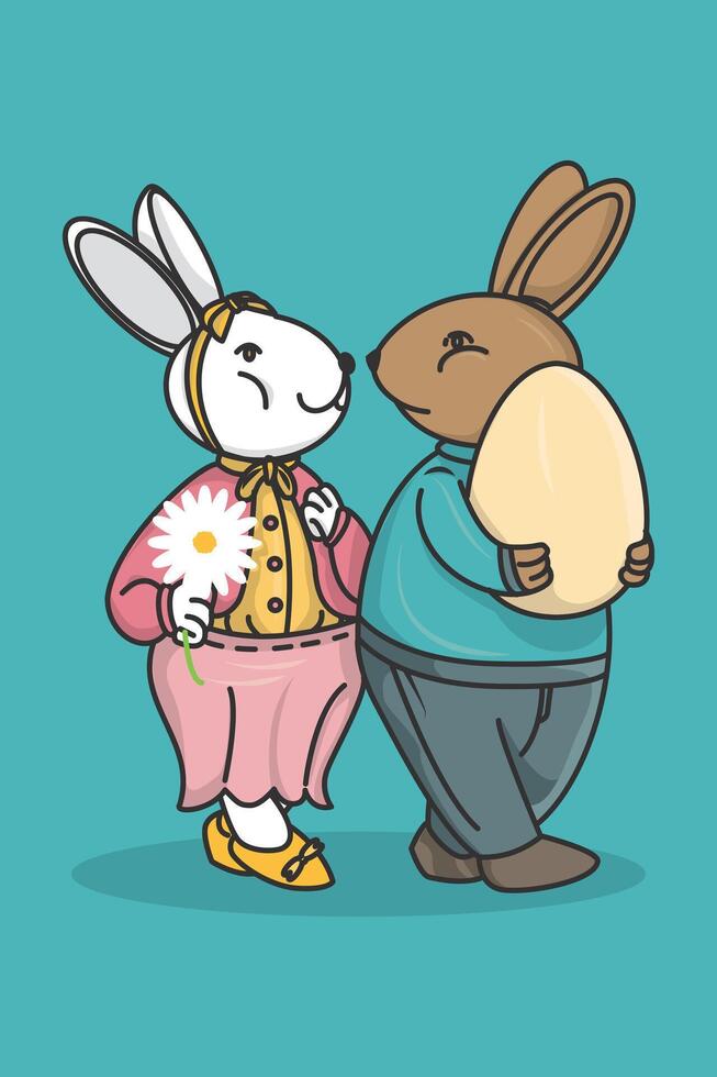 Character illustration of a rabbit man and his bunny woman walking together in a happy mood on a blue background vector