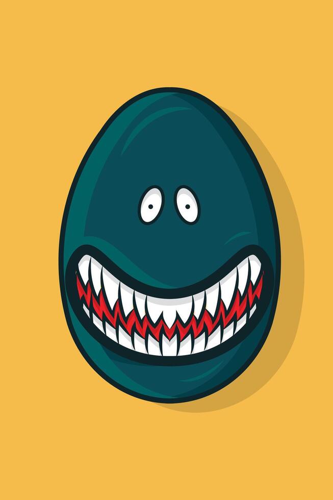 Tosca green egg character illustration with sharp teeth smiling on onage background vector