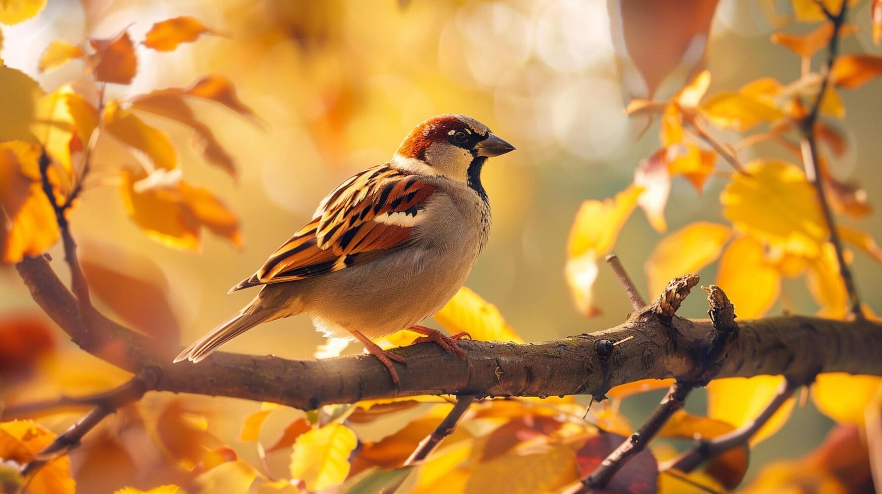 a cute sparrow perching on a branch in autumn forest photo