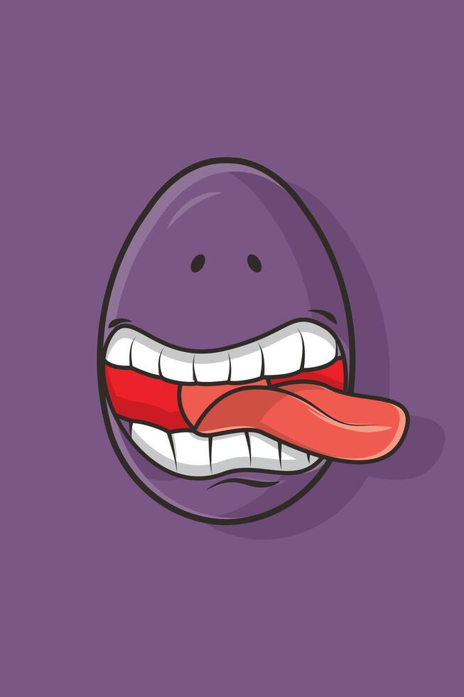 Illustration of purple egg character with silly expression and tongue sticking out on purple background vector