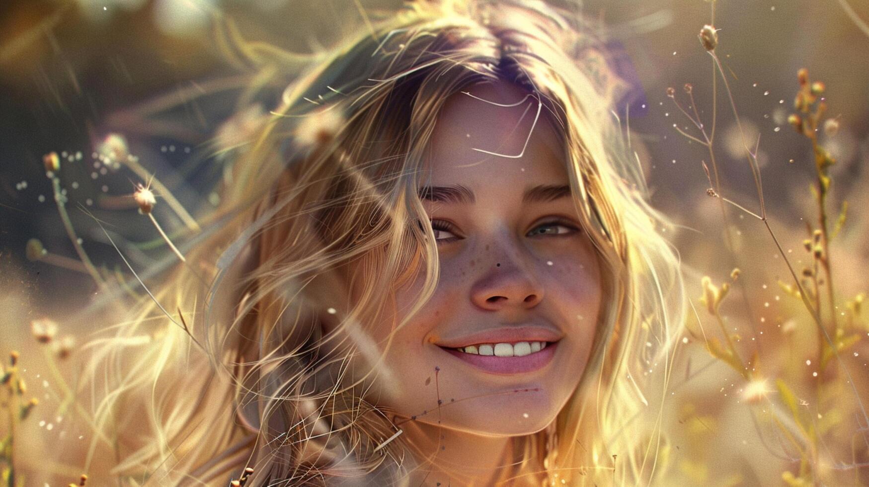 a cute smiling girl with blond hair in nature photo