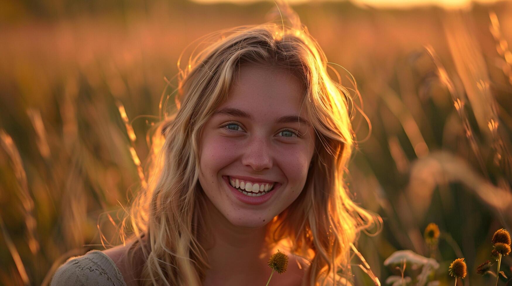 a cute smiling girl with blond hair in nature photo