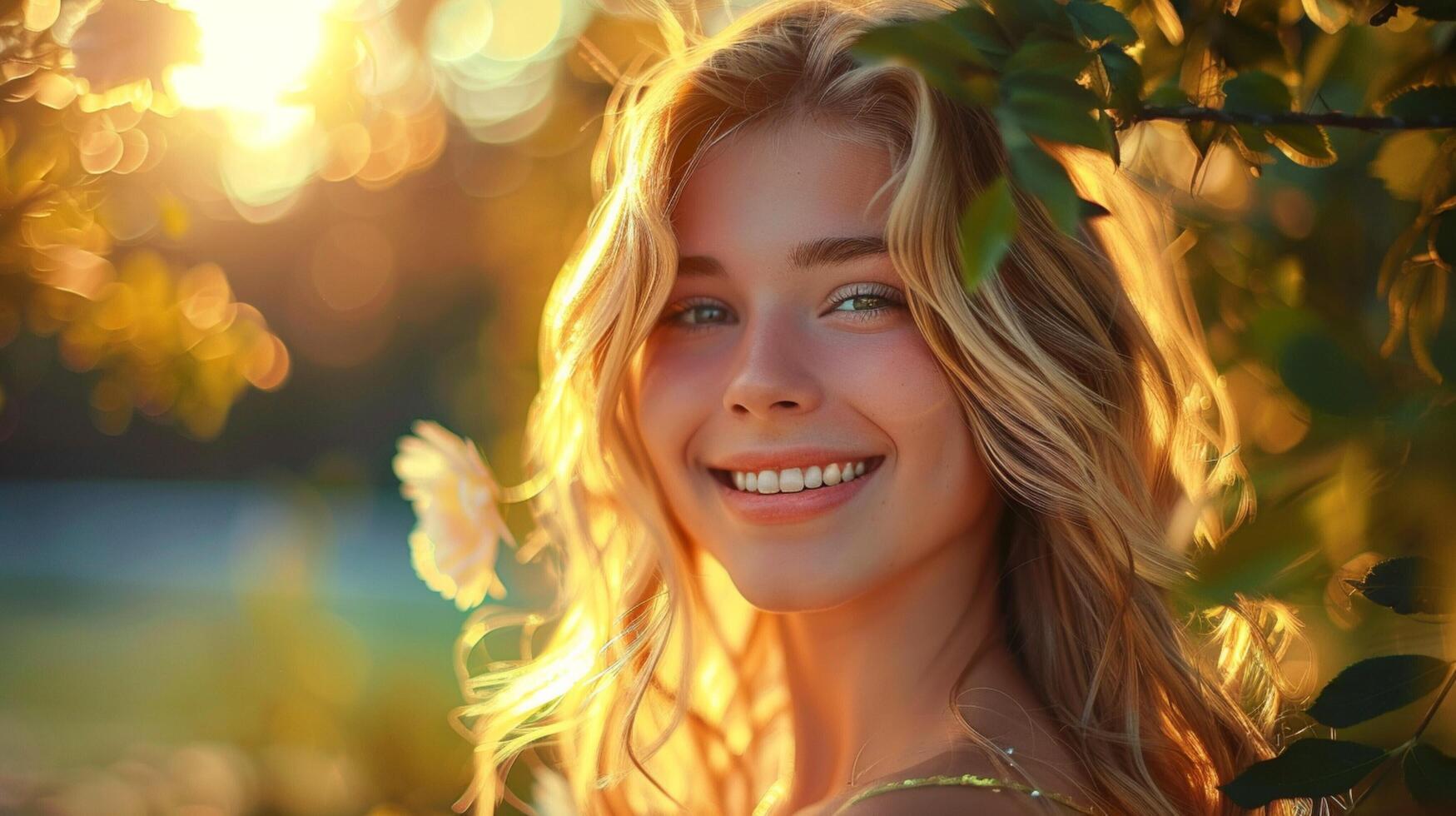 a cute smiling girl with blond hair in nature photo