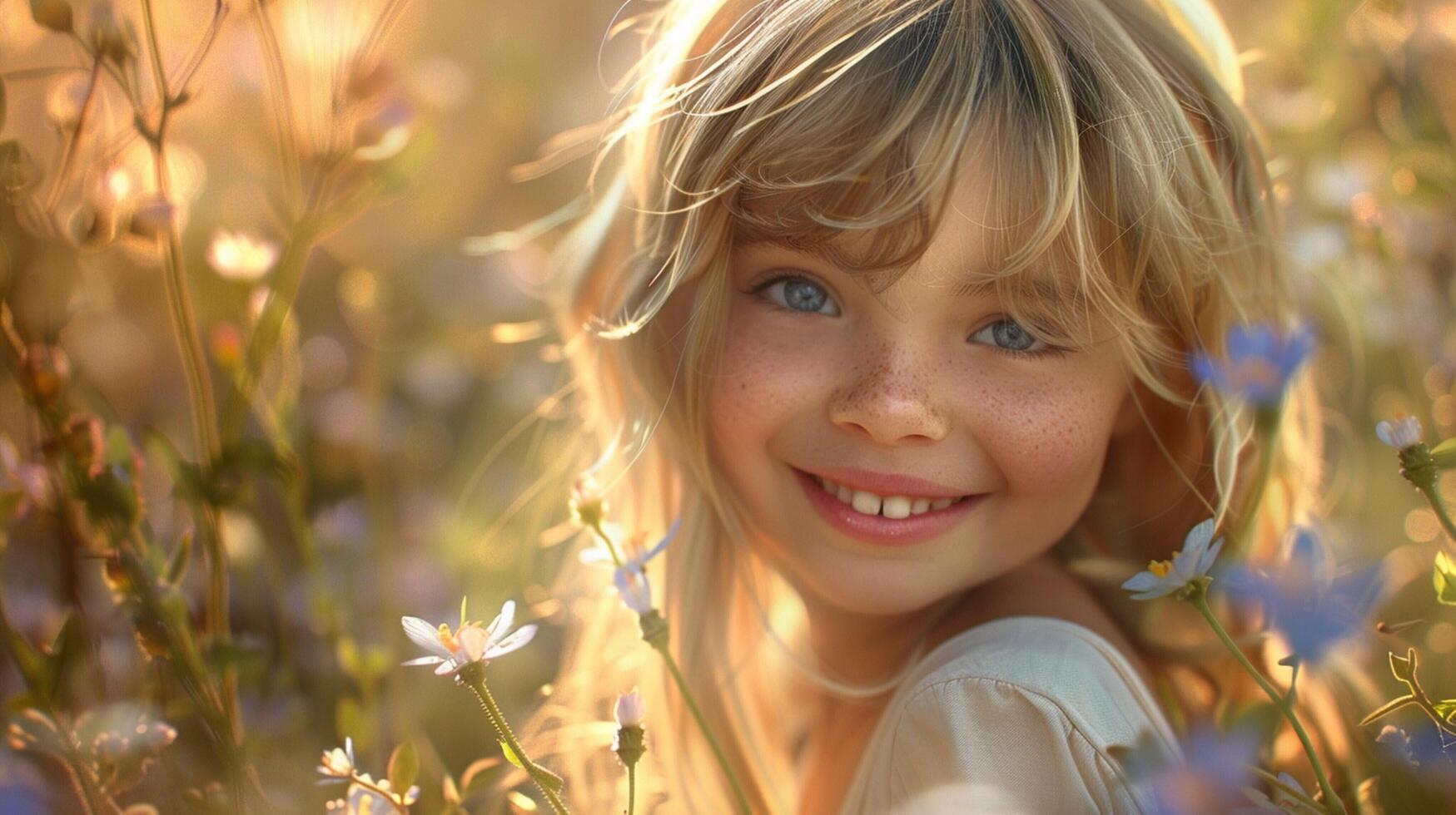 a cute smiling girl with blond hair in nature photo