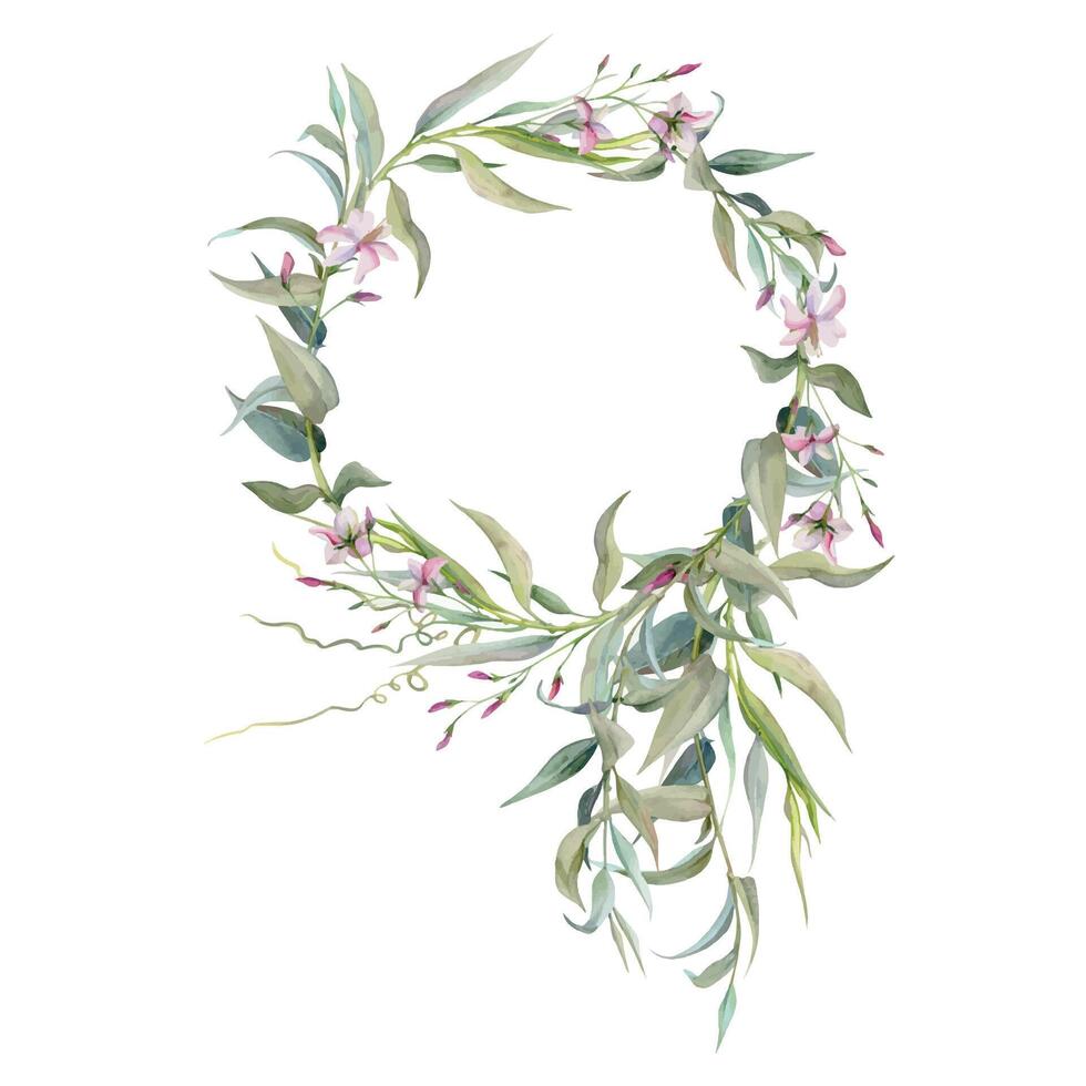 Hand drawn watercolor illustration botanical leaves. Osier willow eucalyptus laurel branch, Clematis anemone lobelia impatiens jasmine, orange flower. Wreath isolated on white. Wedding, love cards vector