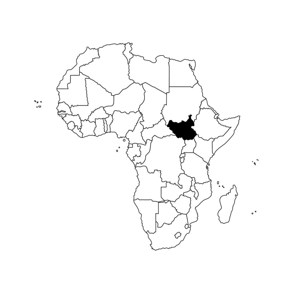 isolated illustration with African continent with borders of all states. Black outline political map of Republic of South Sudan. White background. vector