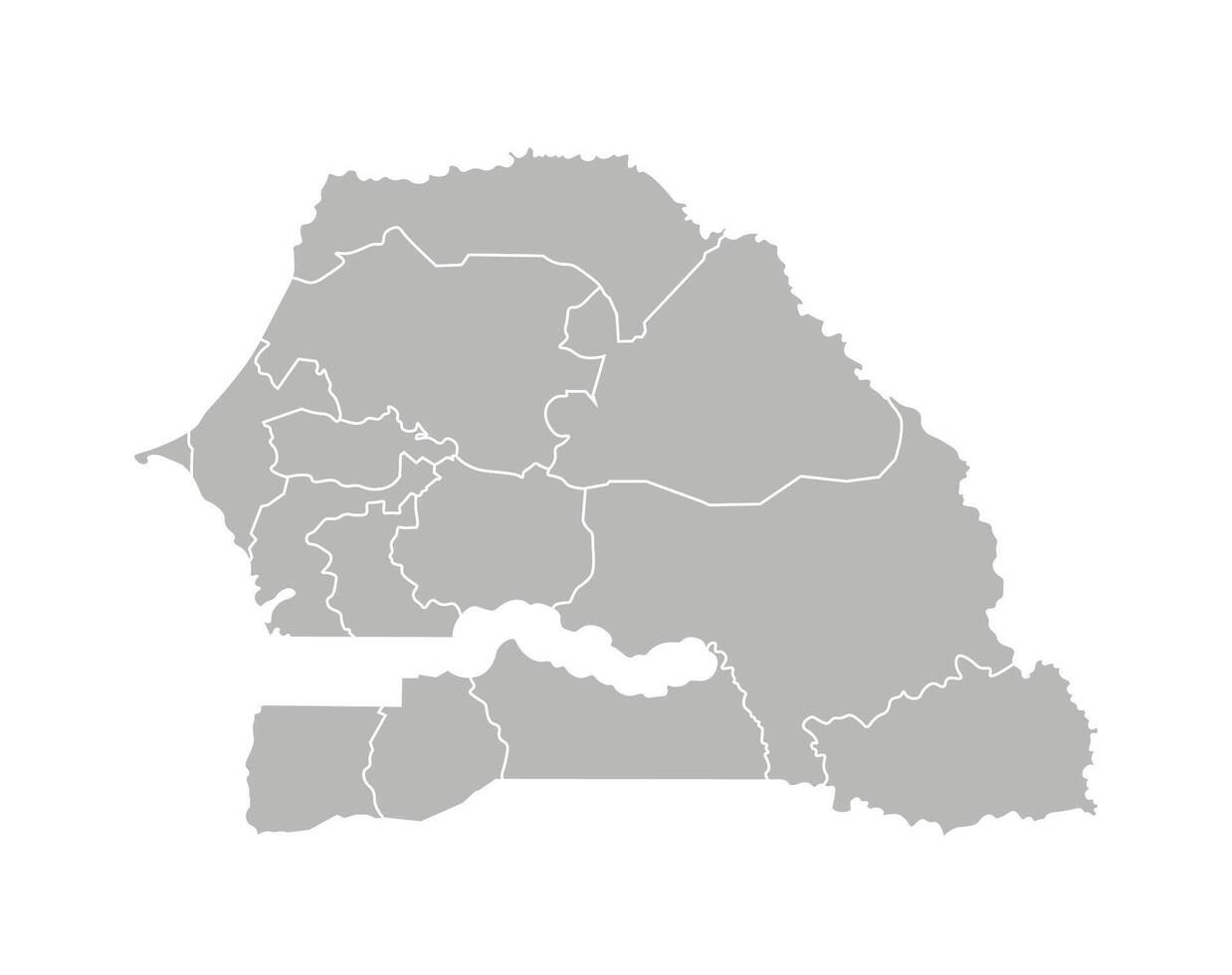 isolated illustration of simplified administrative map of Senegal. Borders of the regions. Grey silhouettes. White outline vector