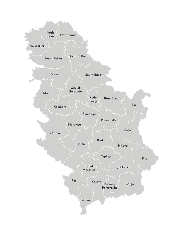 isolated illustration of simplified administrative map of Serbia. Borders and names of the districts, regions. Grey silhouettes. White outline. vector