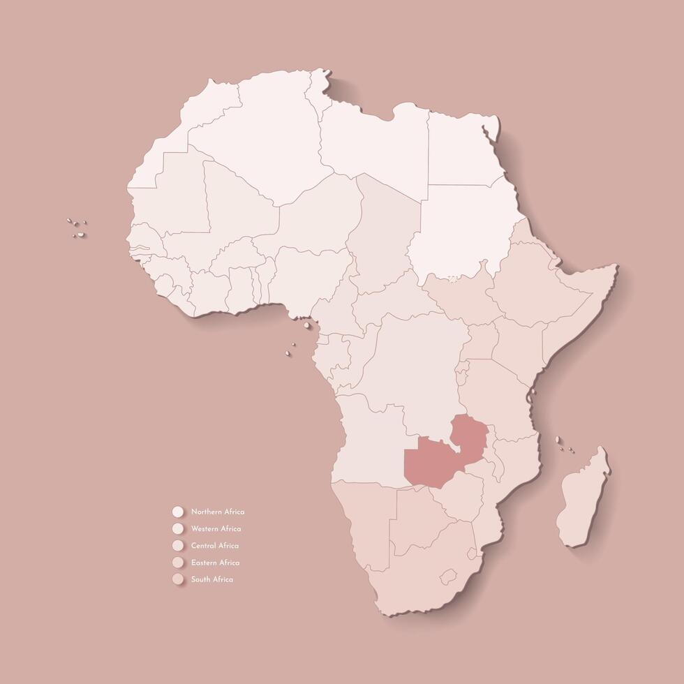 Illustration with African continent with borders of all states and marked country Zambia. Political map in brown colors with western, south and etc regions. Beige background vector