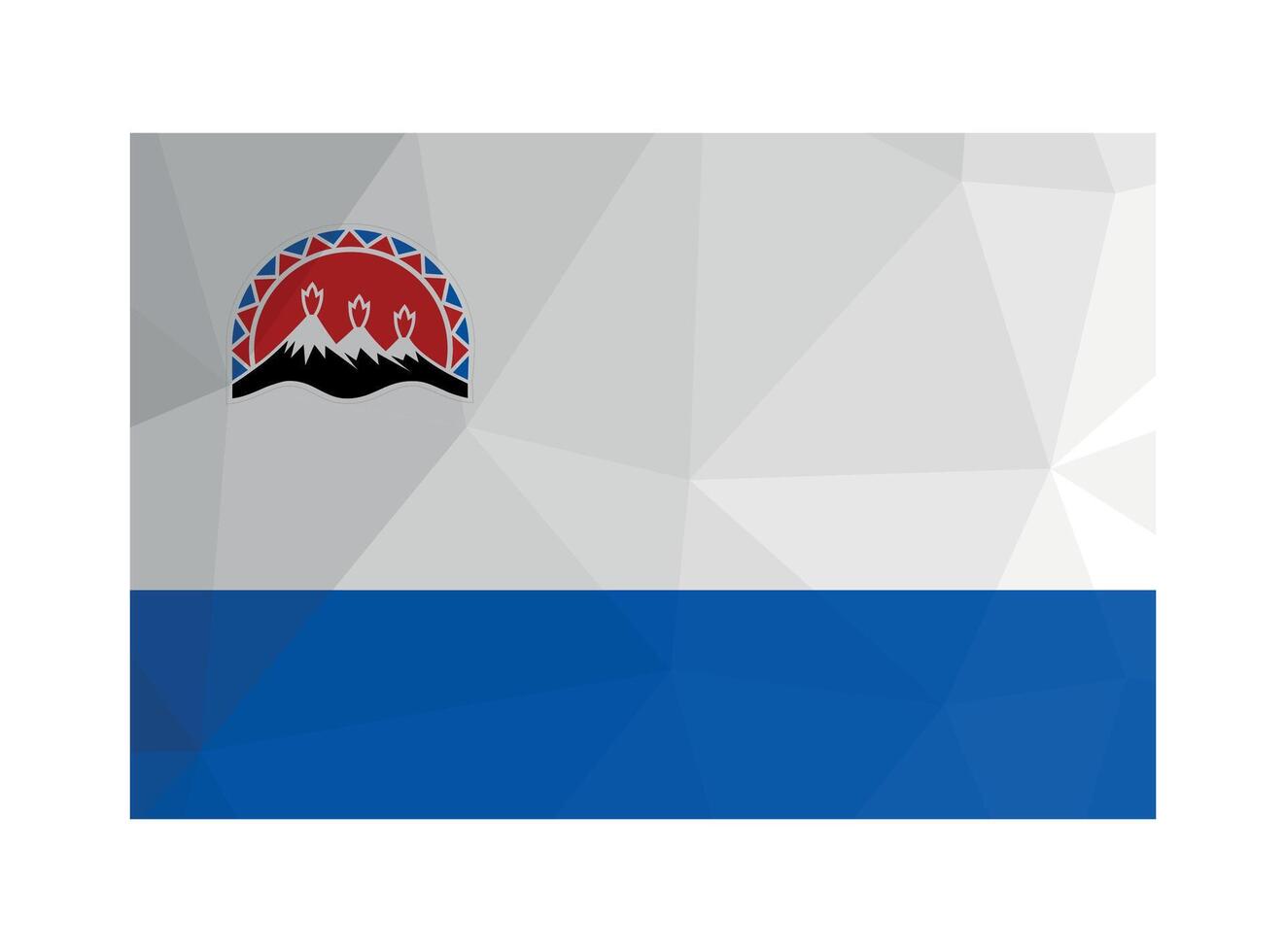 illustration. Official ensign of Kamchatka Krai, Russia. National flag in white and blue colors with volcanos. Creative design in polygonal style with triangular shapes vector