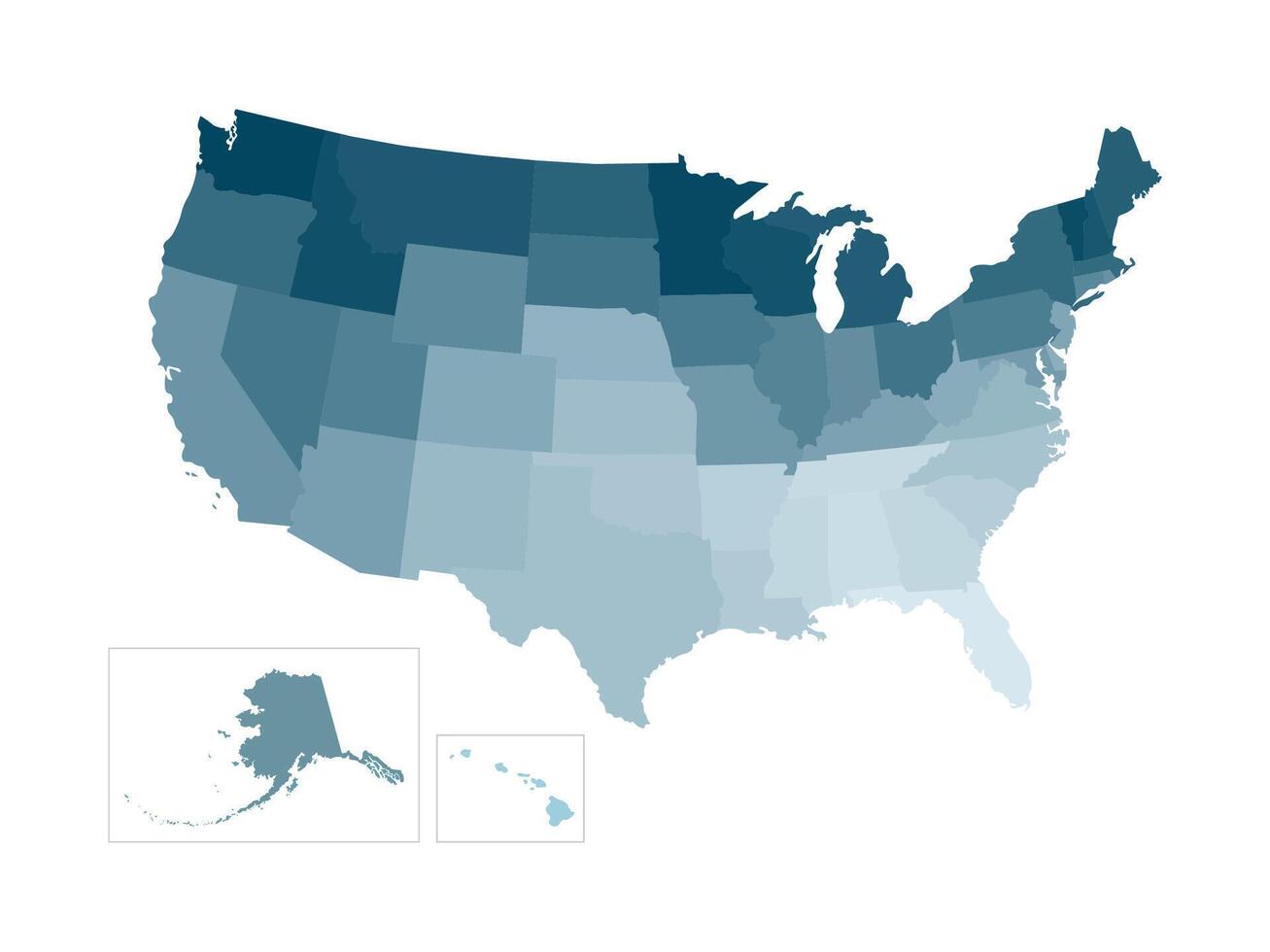 isolated illustration of simplified administrative map of USA, United States of America. Borders of the states, regions. Blue silhouettes. vector