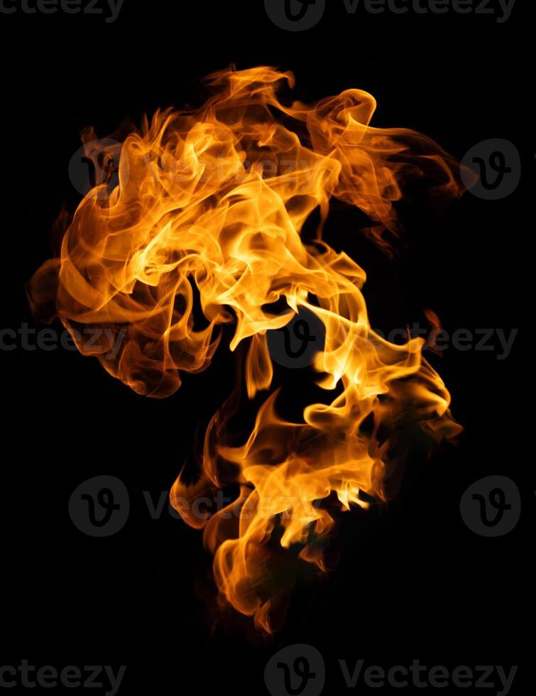 Fire and burning flame of explosive fireball isolated on dark background for abstract graphic design photo