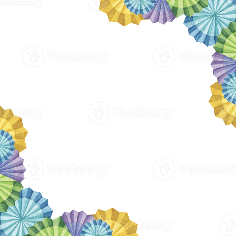 Blue, yellow and green fiesta flowers. Hand drawn isolated watercolor clipart, Mexican paper fans for Cinco de Mayo. Celebration template design for packaging, festivities, cards, posters, invitation png