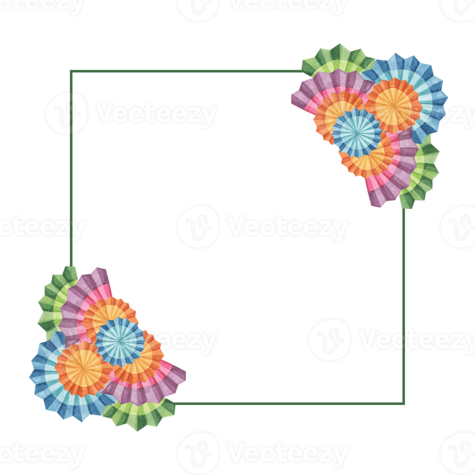 Multicolored fiesta flowers. Hand drawn isolated watercolor clipart, Mexican paper fans for Cinco de Mayo. Celebration template design for packaging, printing, cards, festivities, invitation png