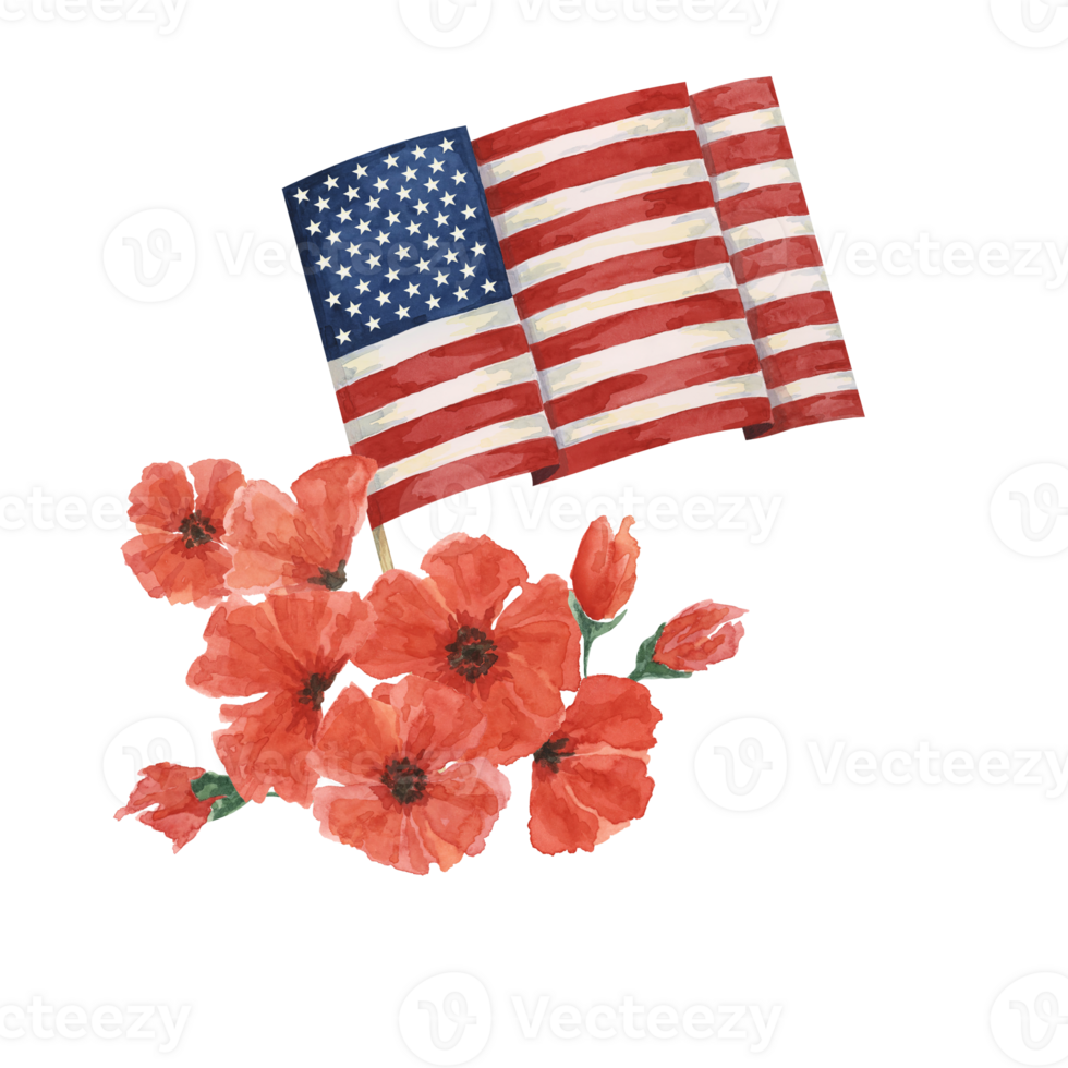 Memorial Day clipart. US flag, red poppy flower, forget-me-nots. Patriotic hand drawn watercolor home of the brave card, remember and honor banner, commemorative events, veteran salute flyer, sale png