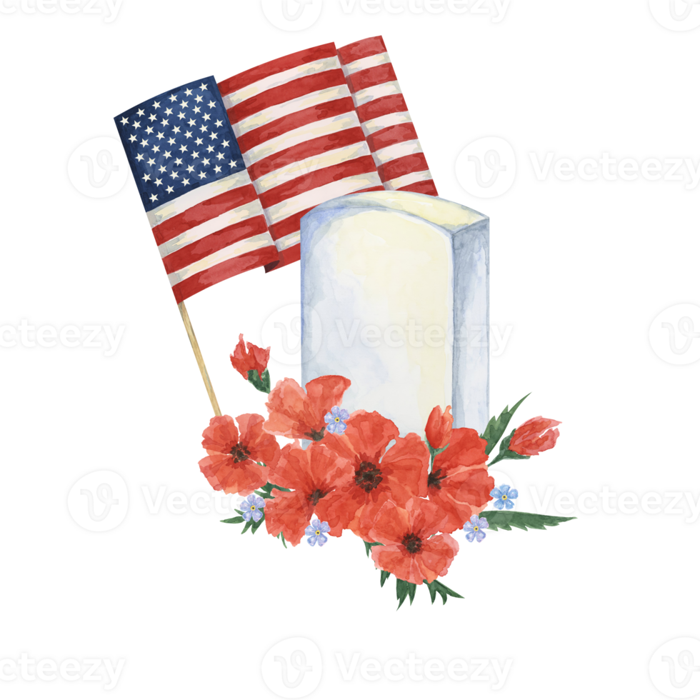 Memorial Day clipart. US flag, red poppy flower, soldiers grave, forget-me-not . Patriotic hand drawn watercolor home of the brave card, remember and honor banner, commemorative events, flyer, sale png