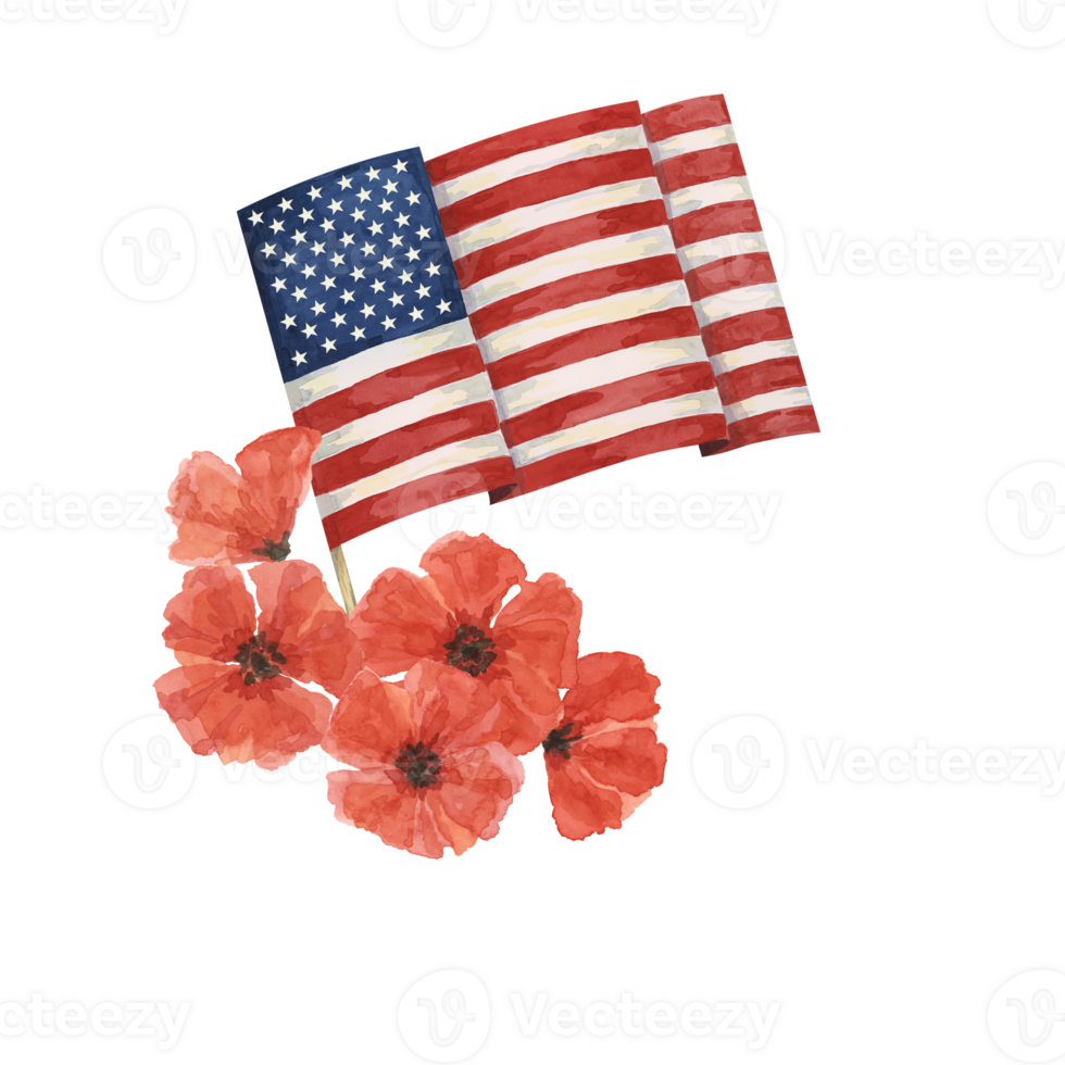 Memorial Day clipart. US flag, red poppy flower, forget-me-nots. Patriotic hand drawn watercolor home of the brave card, remember and honor banner, commemorative events, veteran salute flyer, sale png