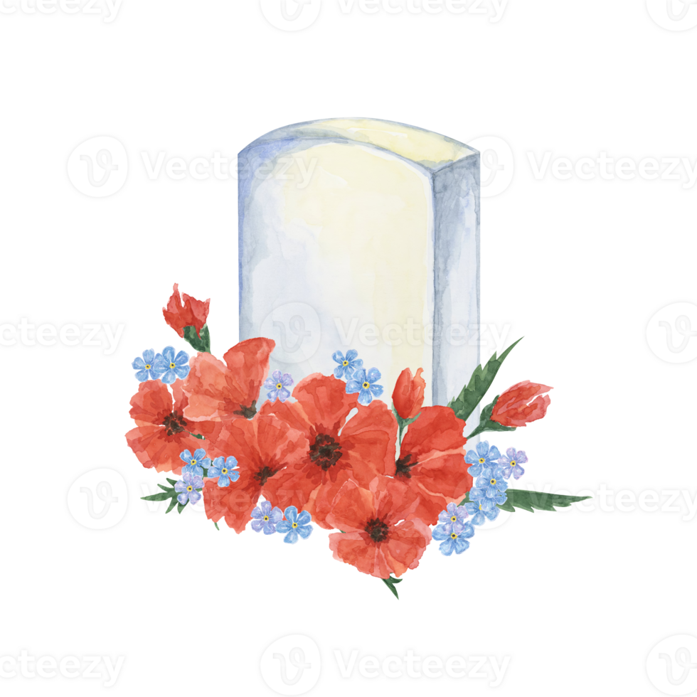 Memorial Day clipart. Red poppy flower, soldiers grave, forget-me-not . Anzac day. Patriotic hand drawn watercolor home of the brave card, remember and honor banner, commemorative events, flyer, sale png