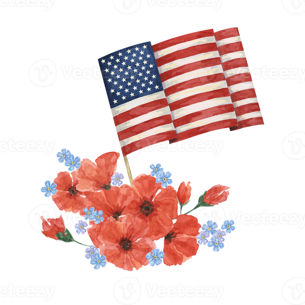 Memorial Day clipart. US flag, red poppy flower, forget-me-nots. Patriotic hand drawn watercolor home of the brave card, remember and honor banner, commemorative events, veteran salute flyer, sale png