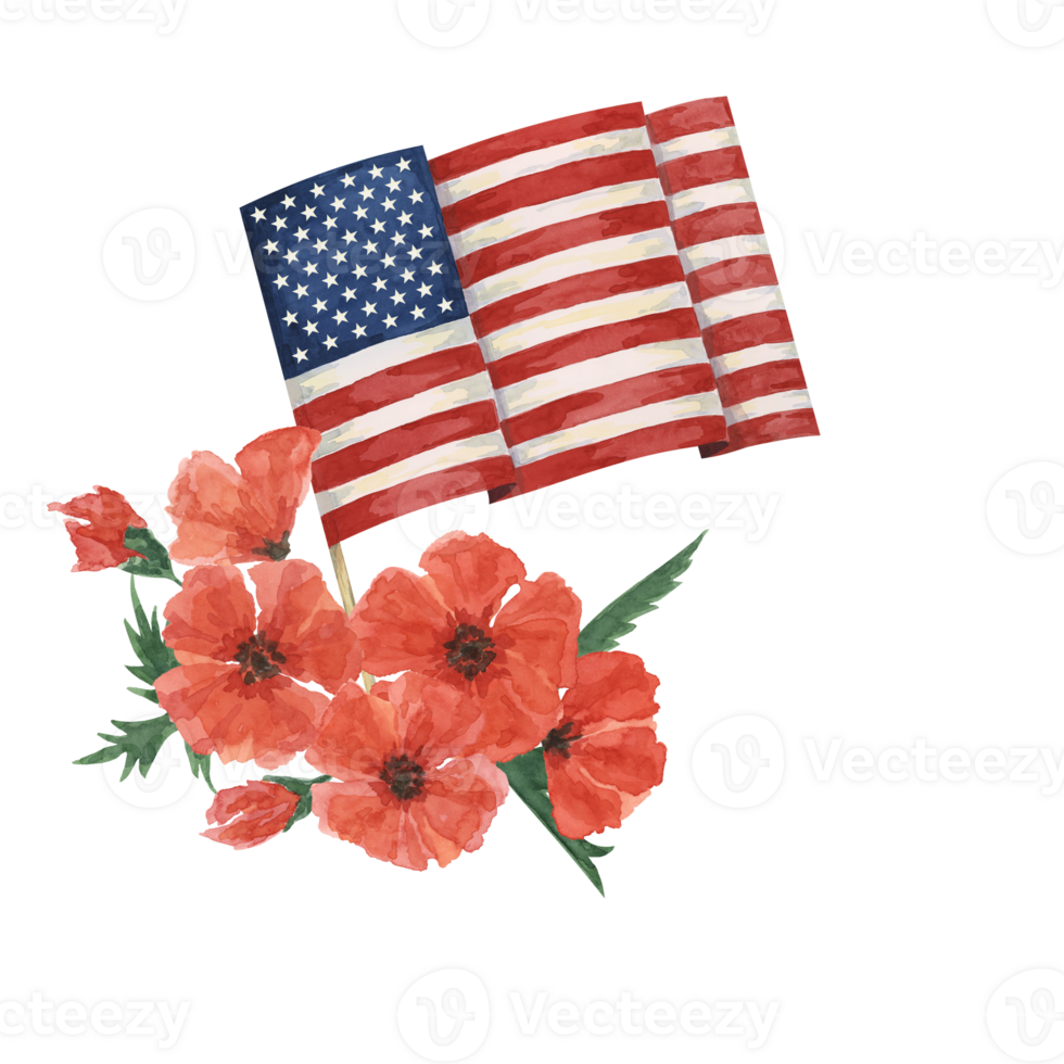 Memorial Day clipart. US flag, red poppy flower, forget-me-nots. Patriotic hand drawn watercolor home of the brave card, remember and honor banner, commemorative events, veteran salute flyer, sale png