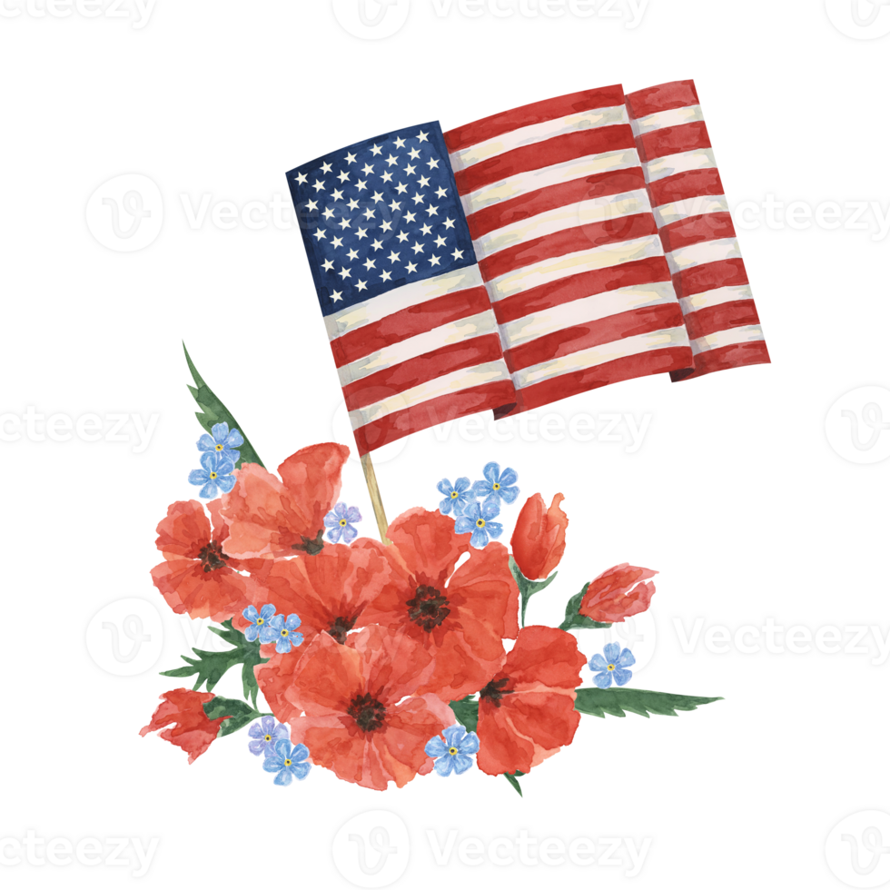 Memorial Day clipart. US flag, red poppy flower, forget-me-nots. Patriotic hand drawn watercolor home of the brave card, remember and honor banner, commemorative events, veteran salute flyer, sale png