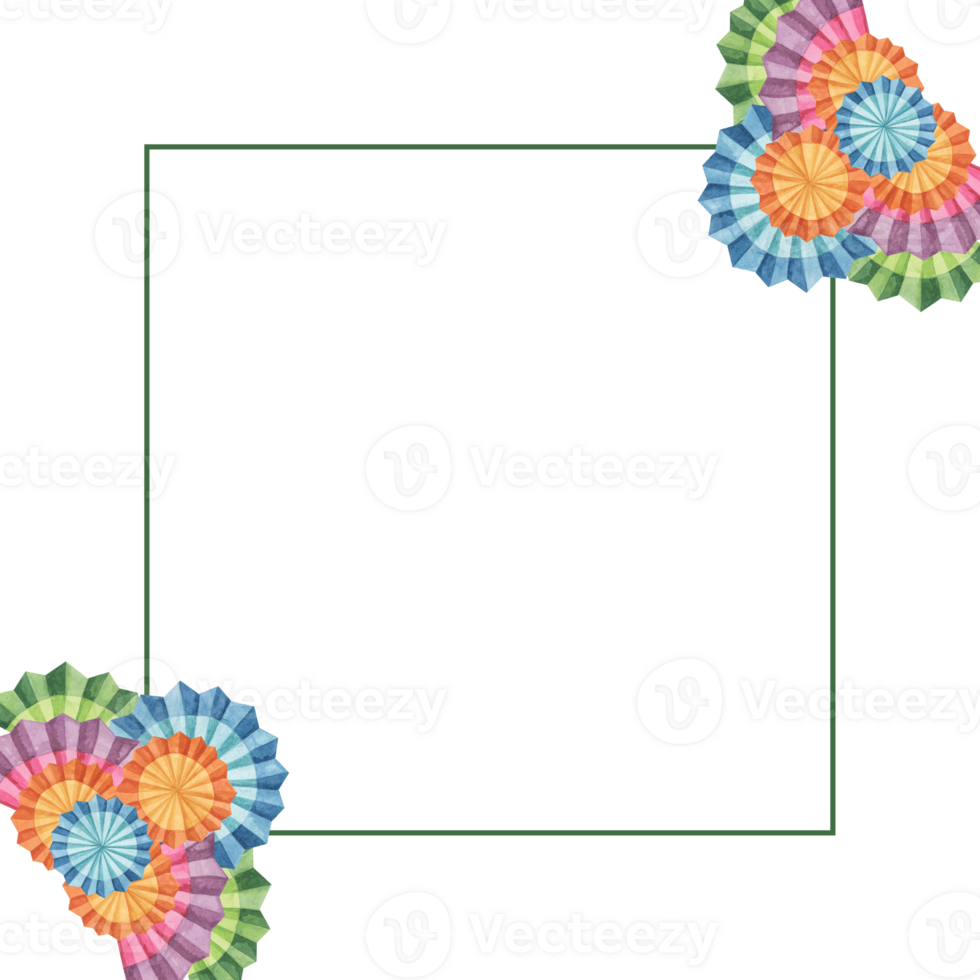 Multicolored fiesta flowers. Hand drawn isolated watercolor clipart, Mexican paper fans for Cinco de Mayo. Celebration template design for packaging, printing, cards, festivities, invitation png