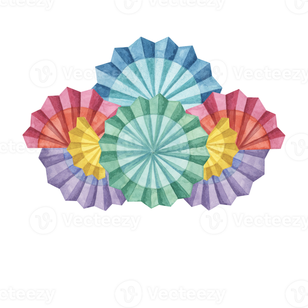 Vivid composition from fiesta flowers. Hand drawn isolated watercolor cliparts, Mexican paper fans for Cinco de Mayo decoration. Celebration designs for packaging, printing, cards, posters, invitation png