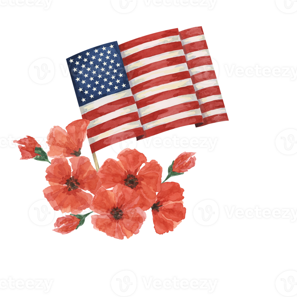 Memorial Day clipart. US flag, red poppy flower, forget-me-nots. Patriotic hand drawn watercolor home of the brave card, remember and honor banner, commemorative events, veteran salute flyer, sale png
