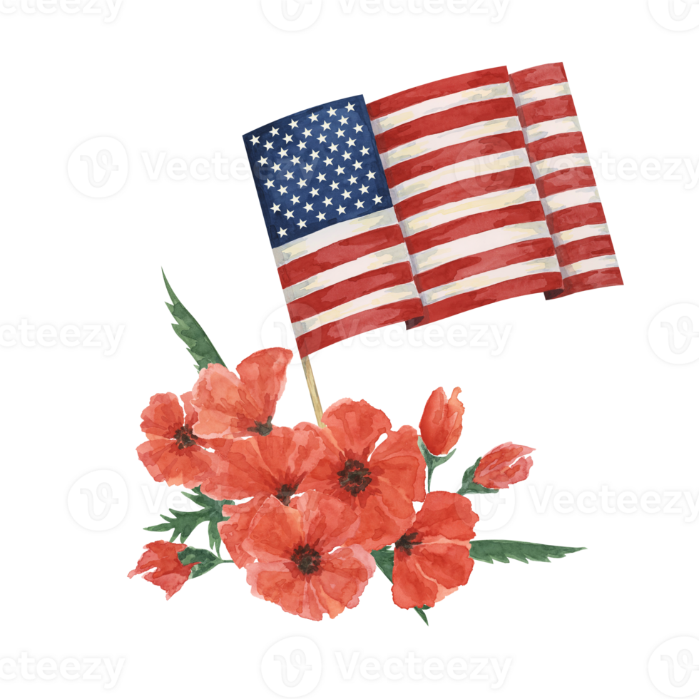 Memorial Day clipart. US flag, red poppy flower, forget-me-nots. Patriotic hand drawn watercolor home of the brave card, remember and honor banner, commemorative events, veteran salute flyer, sale png