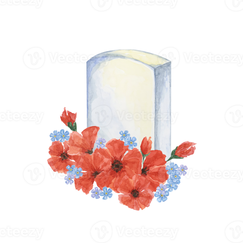 Memorial Day clipart. Red poppy flower, soldiers grave, forget-me-not . Anzac day. Patriotic hand drawn watercolor home of the brave card, remember and honor banner, commemorative events, flyer, sale png