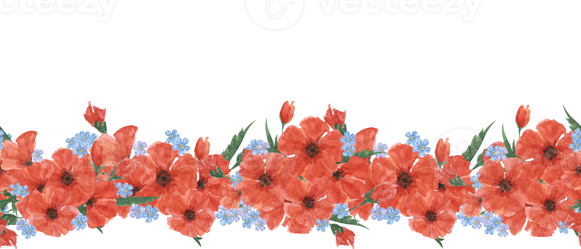 Red poppies and forget-me-nots seamless border. Poppy day flower banner. Hand drawn watercolor illustration for card, banners, commemorative events, US memorial day, Anzac day, flyers, banners, sale png