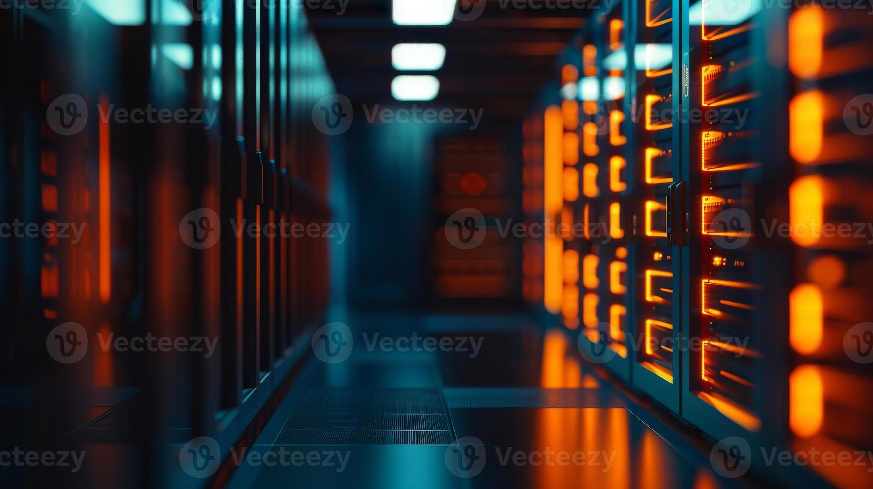Dynamic data center illuminated by a symphony of blue and orange lights photo