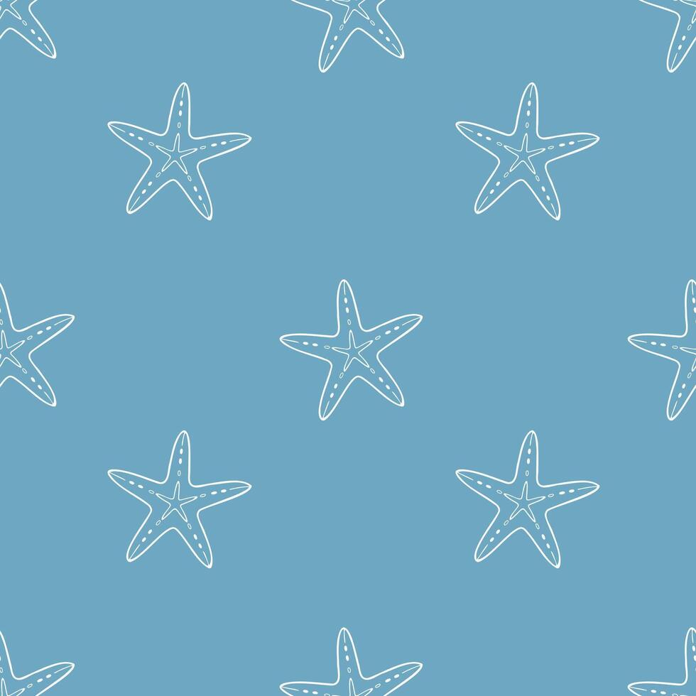 Sea blue pattern with white starfish in doodle style, ocean, bottom with sea inhabitants, underwater world. vector