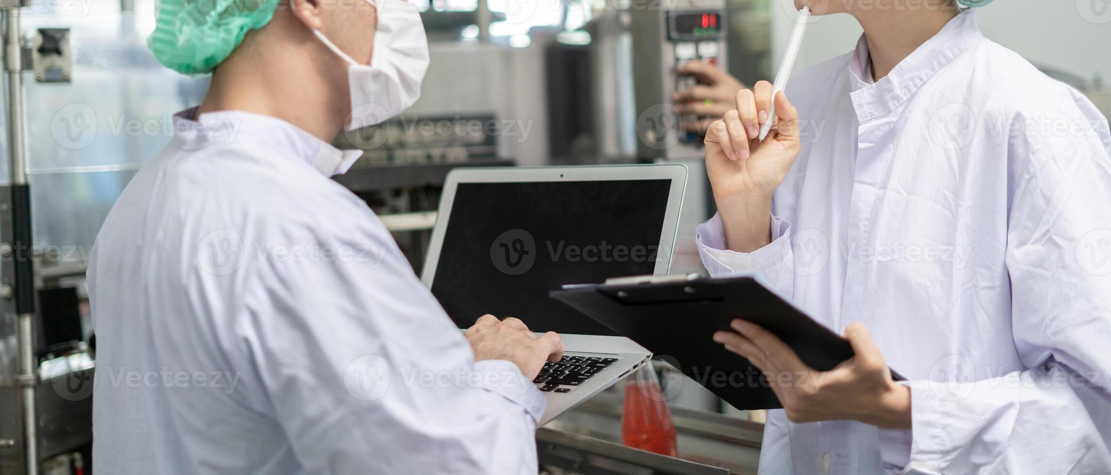 quality inspector food or beverages technician inspection about quality control food or beverages before send product to the customer. Production leader recheck ingredient and productivity. photo