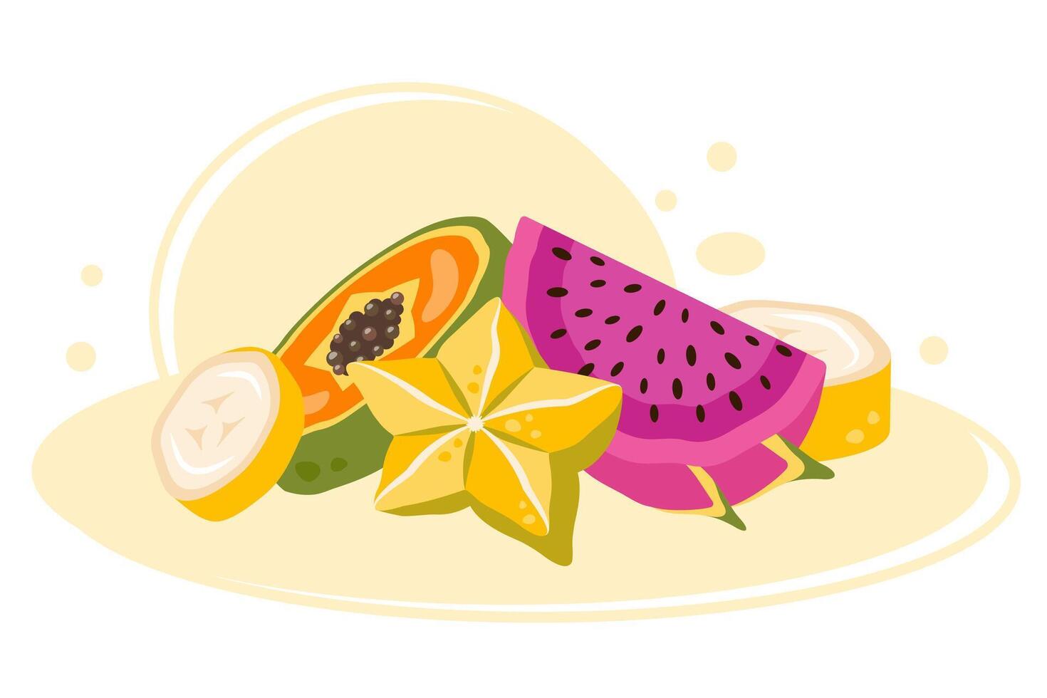 Juicy slice of dragon fruit, banana, papaya, carambola. Summer Sweet fruits composition. Fresh organic healthy food. Natural snack. Fruit art print. flat cartoon illustration vector