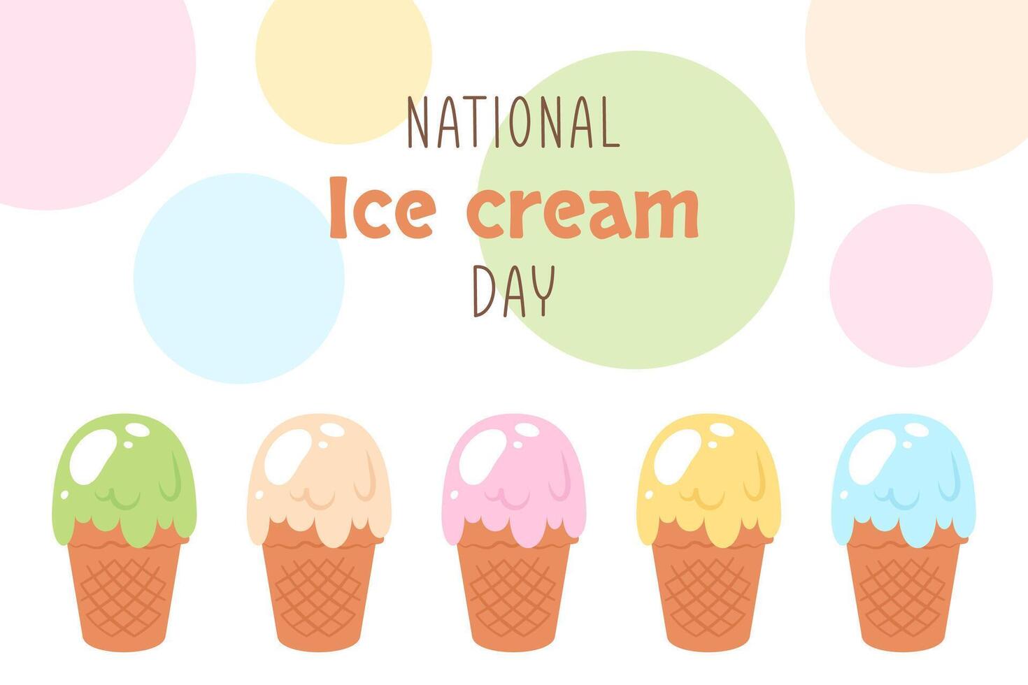Ice cream day. Greeting banner with color Tasty icecream balls in waffle cones. Set of delicious icecream scoops with various fruit topping and flavor. flat cartoon illustration vector