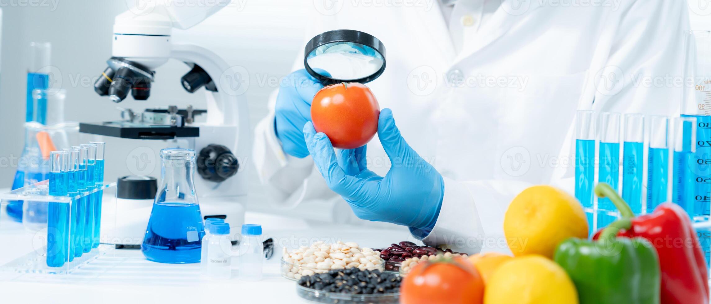 Scientist check chemical food residues in laboratory. Control experts inspect quality of fruits, vegetables. lab, hazards, ROHs, find prohibited substances, contaminate, Microscope, Microbiologist photo