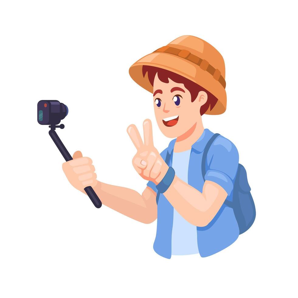 Influencer Travel Vlogger Recording Using Action Cam Cartoon illustration vector