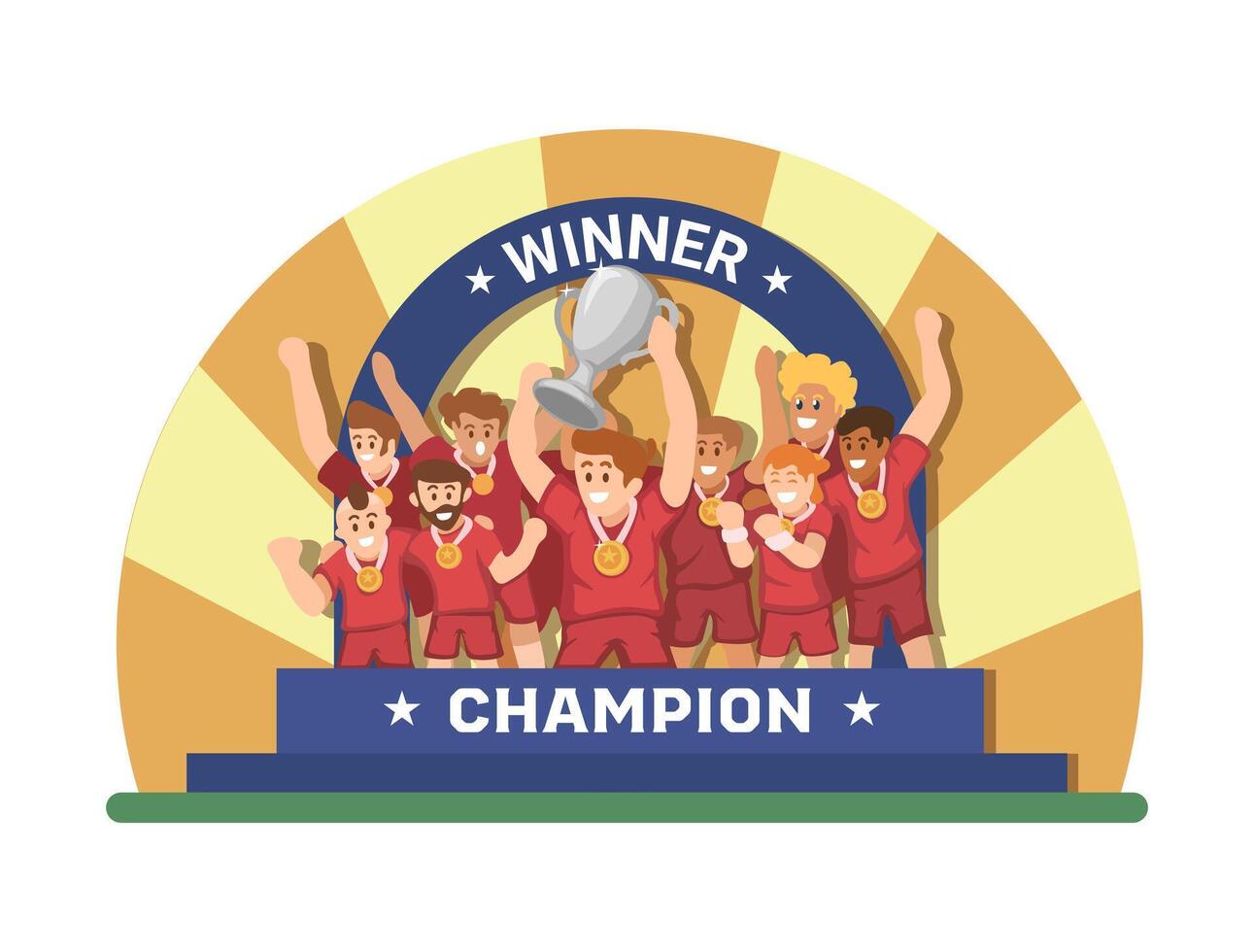 Soccer Champion Team Celebration On Podium Cartoon Illustration vector
