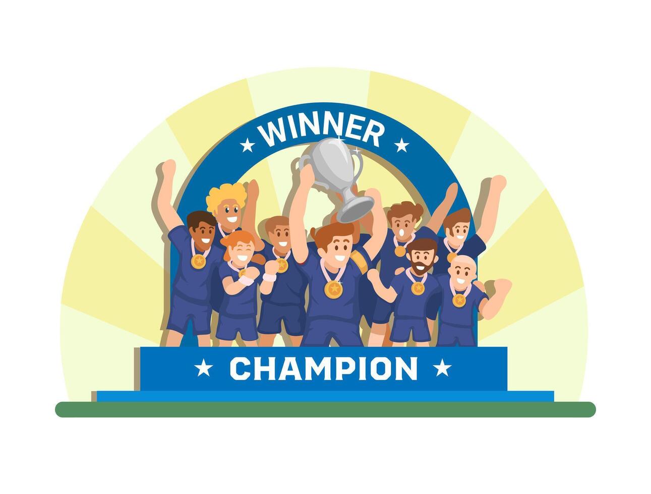 Soccer Champion Team Celebration On Podium Cartoon Illustration vector