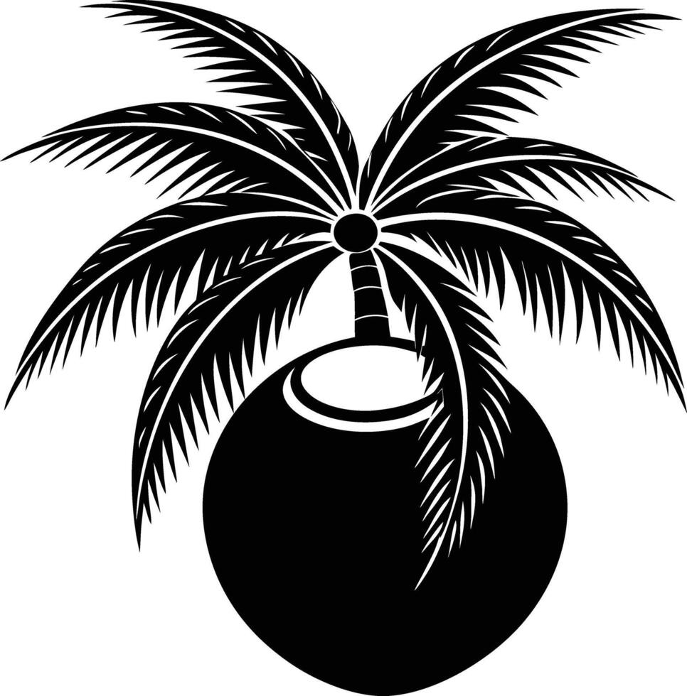 A black and white illustration silhouette of a coconut with tree vector