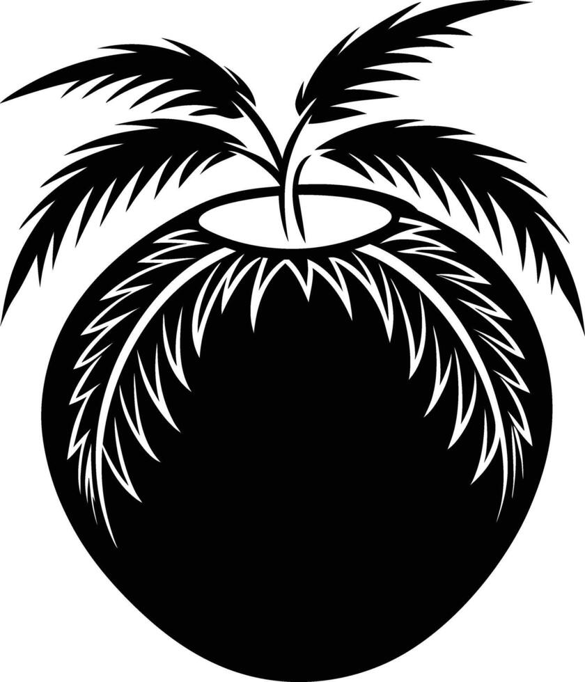 A black and white illustration silhouette of a coconut with tree vector