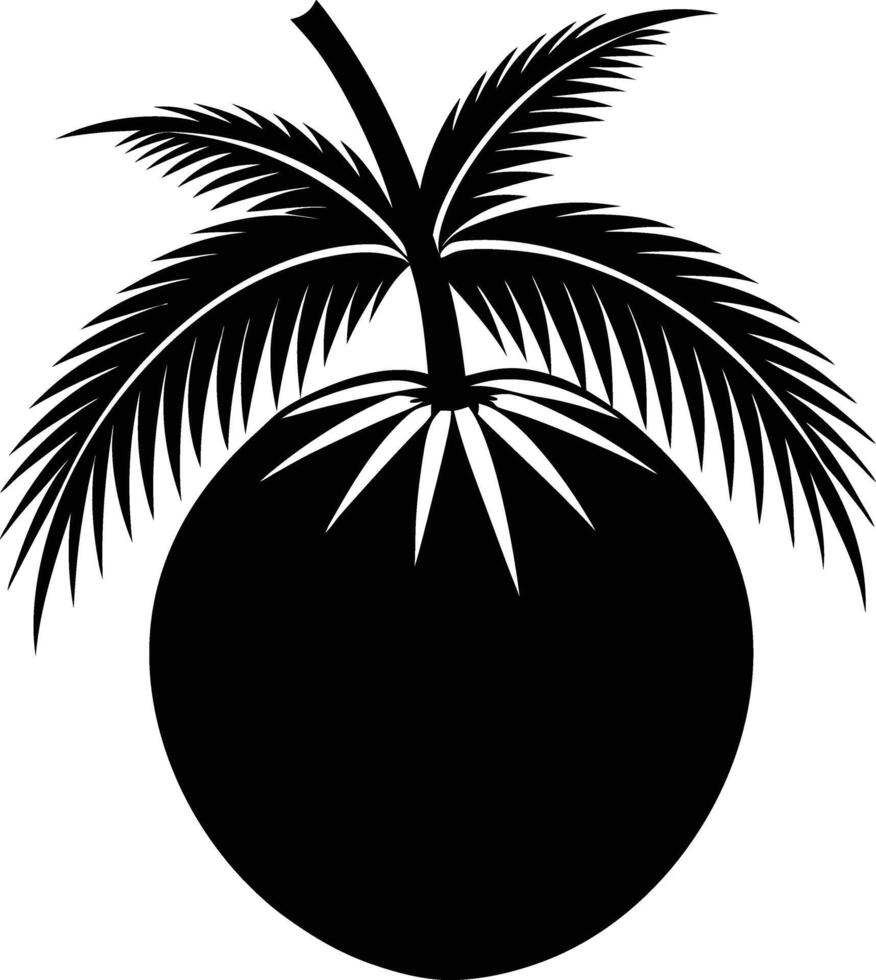 A black and white illustration silhouette of a coconut with tree vector
